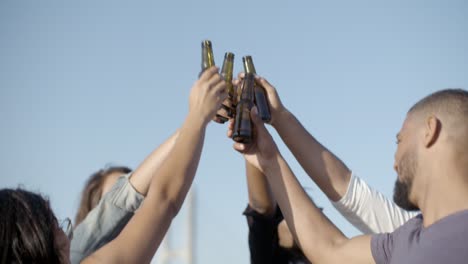 Happy-people-clinking-beer-bottles-against-blue-sky.