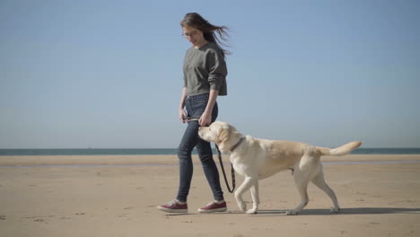 Smiling-young-woman-talking-to-dog-while-walking-on-seashore.