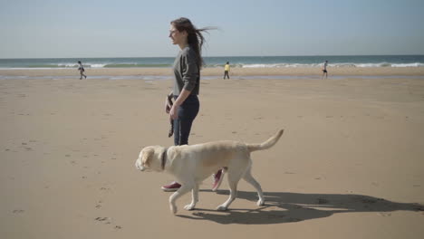 Slow-motion-shot-of-young-woman-strolling-with-labrador-on-beach