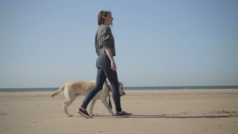 Relaxed-young-woman-walking-with-labrador-on-sandy-beach.