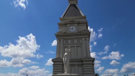 upward-angle-half-orbit-of-clock-and-statue-atop-Clarksville-courthouse-located-in-Clarksville-TN