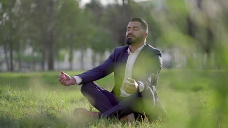 Handsome-bearded-businessman-meditating-on-green-grass