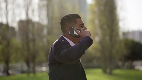 Hombre-De-Negocios-Hablando-Por-Teléfono-Inteligente-Y-Triunfando-Al-Aire-Libre