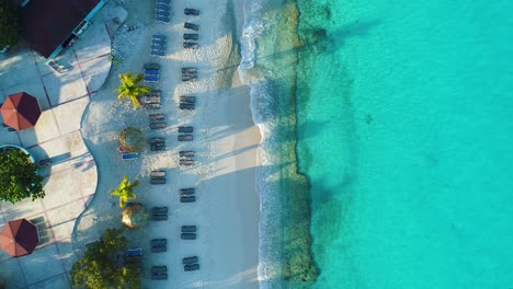 Top-down-static-aerial-of-ocean-waves-crashing-on-Grote-Knip-Curacao,-lounge-chairs-and-palm-trees-on-the-coast