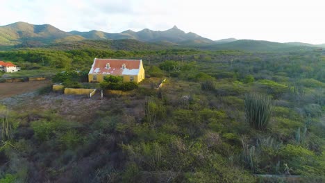 Drone-dolly-above-desert-shrubland-of-Curacao-to-broken-buildings-of-Landhuis-and-Santa-Cruz-Manor