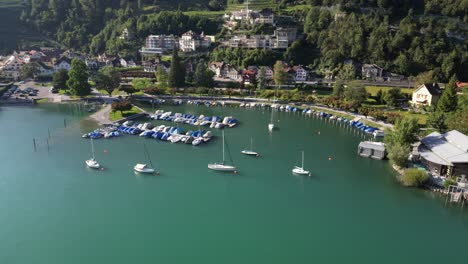 Luftaufnahme-Von-Booten-Im-Yachthafen-An-Einem-Wunderschönen-Bergsee-In-Der-Schweiz
