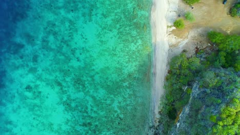 Drone-top-down-pan-across-clear-ocean-water-reef-of-San-Juan-Curacao,-relaxing-view
