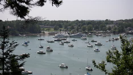 High-angle-static-overview-of-boats-and-yachts-anchored-off-shore-from-pier-in-marina