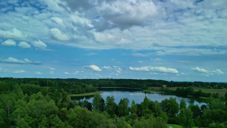 Filmische-Luftaufnahme-über-Einem-Wald-Und-Einem-See-Mit-Malerischen-Wolken-Am-Himmel