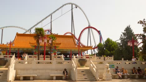 Steep-Roller-Coaster-Ride-Shambhala-At-PortAventura-Park-In-Salou,-Catalonia,-Spain