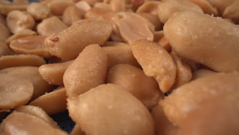 Toasted-salted-peanuts-macro-moving-backwards,-food-product-used-in-many-commercial-producers-and-recipes-like-chocolates,-sauces-and-oils,-known-allergen,-healthy-nuts,-peanut-allergy,-4K-shot