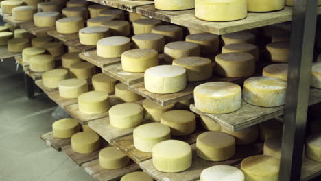 Tilt-up-shot-of-cheeses-in-winery