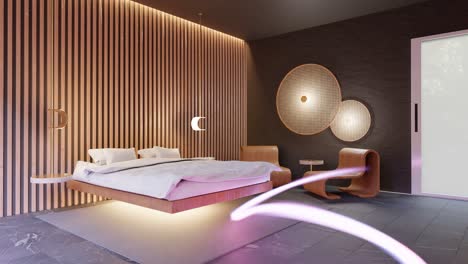 Elegant-main-bedroom-with-floating-bed-and-textured-wooden-wall,-3D-animation