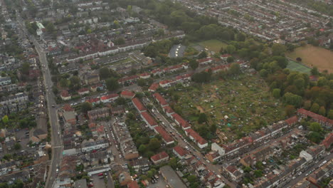 Aerial-shot-over-Twickenham-suburbs-and-allotments