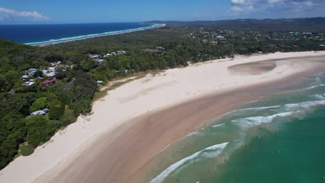 Clarkes-Beach-With-White-Sandy-Shore-In-New-South-Wales,-Australia---aerial-drone-shot