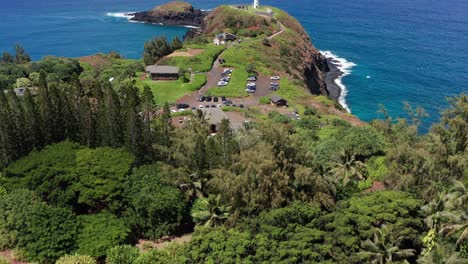 Low-tilting-up-aerial-shot-of-Kilauea-Lighthouse-at-Kilauea-Point-on-the-northern-coast-of-the-Hawaiian-island-of-Kaua'i