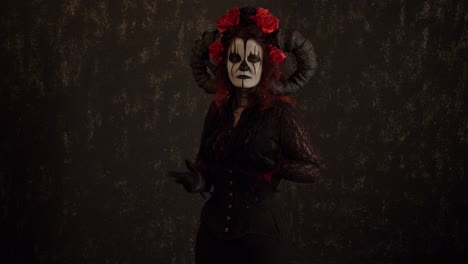 Catrina-Cosplay-girl-seducing-and-calling-you-with-Domina-outfit-and-Dark-background-,-Medium-Shot