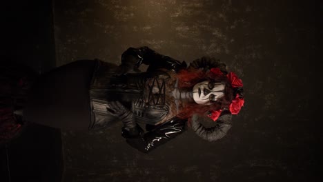 Catrina-Cosplay-girl-moving-hands-slowly-caressing-her-body-with-Domina-outfit-and-Dark-background-,-Medium-Shot