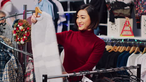 Asian-customer-browsing-through-rack-of-clothes-in-Christmas-themed-store,-checking-for-fitting-garment-size.-Woman-in-xmas-adorn-fashion-boutique-during-winter-holiday-season