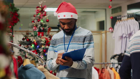African-american-employee-browsing-through-clothing-racks-in-Christmas-decorated-fashion-store,-writing-down-adjusted-prices-on-clipboard.-Worker-inspecting-blazers,-looking-for-damages