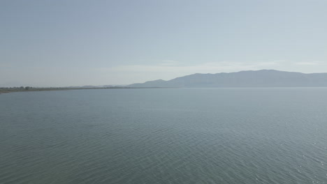 Disparo-De-Drone-Volando-Sobre-El-Lago-Shkodra-En-Albania-Con-Montañas-En-El-Fondo-Y-Plantas-Verdes-Naturaleza-De-Hierba-Debajo-En-Un-Día-Soleado-Con-Neblina-Sobre-El-Tronco-Del-Lago