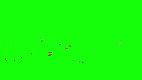 Rock-and-brick-pieces-dropped-from-top-left-side-of-the-screen-and-scattering-on-imaginary-flat-surface,-green-screen-background,-animation-overlay-for-chroma-key-transparent-blending-option
