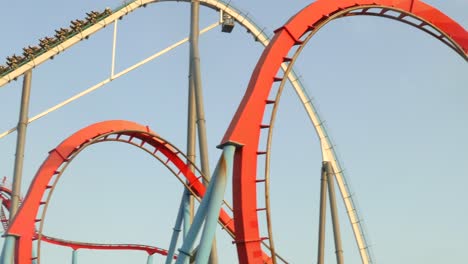 Dragon-Khan-Roller-Coaster-Ride-On-Loops-At-PortAventura-Park-In-Catalonia,-Spain