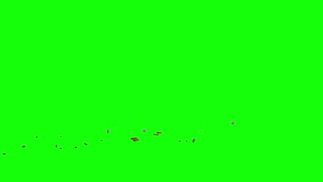 Pieces-of-bricks-and-rocks,-appearing-from-left-side-of-the-screen,-scattering-on-imaginary-flat-surface,-green-screen-background,-animation-video-overlay-for-chroma-key-blending-option