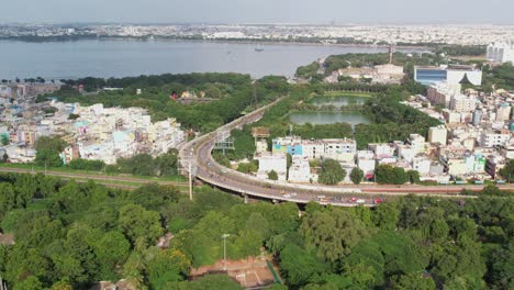 Aerial-view-of-Hyderabad,-the-capital-and-largest-city-of-the-Indian-state-of-Telangana