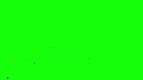 Thrown-rocks-debris,-pieces-of-stone-rocks-falling-from-left-side-of-the-screen-and-scattering-on-imaginary-flat-surface,-green-screen,-animation-overlay-for-chroma-key-transparent-blending