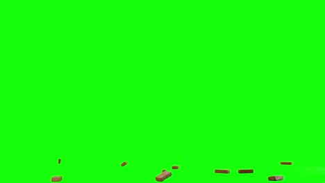 Exploding-bricks,-pieces-of-bricks-exploding-in-center-of-the-screen,-than-falling-and-scattering-on-imaginary-flat-surface,-green-screen-background,-animation-overlay-for-chroma-key-blending-option