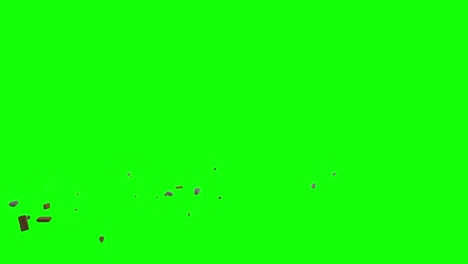 Thrown-pieces-of-bricks-and-rocks,-appearing-from-top-left-side-of-the-screen-and-scattering-on-imaginary-flat-surface,-green-screen-background,-animation-overlay-for-chroma-key-blending-option