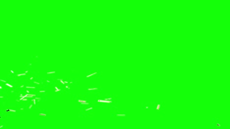 Pieces-of-wood-scattered-from-left-side-of-the-screen-and-falling-on-imaginary-flat-surface,-green-screen-background,-animation-overlay-for-chroma-key-blending-transparent-option