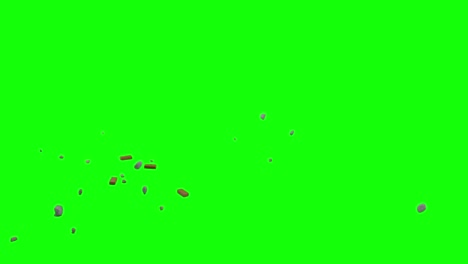Herabfallende-Ziegel--Und-Steinstücke,-Die-Von-Der-Linken-Seite-Des-Bildschirms-Auftauchen-Und-Auf-Einer-Imaginären-Flachen-Oberfläche-Verstreut-Werden,-Grüner-Bildschirmhintergrund,-Animationsüberlagerung-Für-Die-Option-Zum-Mischen-Von-Chroma-Keys