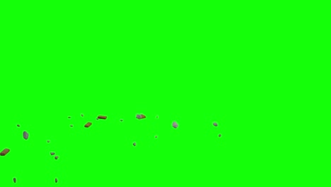 Gemischte-Stein--Und-Ziegelstücke,-Die-Oben-Links-Auf-Dem-Bildschirm-Erscheinen-Und-Auf-Einer-Imaginären-Flachen-Oberfläche-Verstreut-Sind,-Grüner-Bildschirmhintergrund,-Animationsüberlagerung-Für-Die-Option-Zum-Mischen-Von-Chroma-Keys