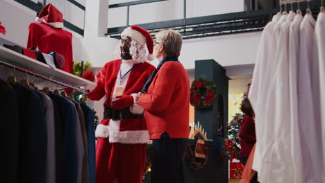 Employee-dressed-as-Santa-Claus,-presenting-materials-and-price-informations-about-red-garment-piece-to-elderly-client-looking-to-buy-gift-for-family-member-in-Christmas-decorated-clothing-store