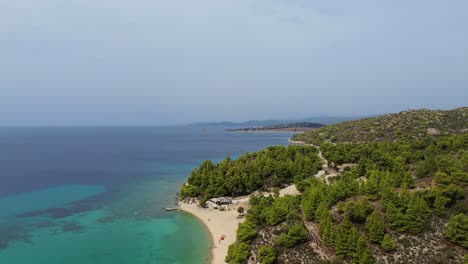 Kalogria-Beach-Coast-Aerial-View-of-sandy-paralia-Kalogria-close-to-Nikiti-and-Elia-Nikitis-in-Halkidiki,-Greece