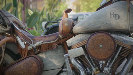 Beautiful-Customized-Motorcycle-With-Leather-And-Fur-Details-Medium-Shot