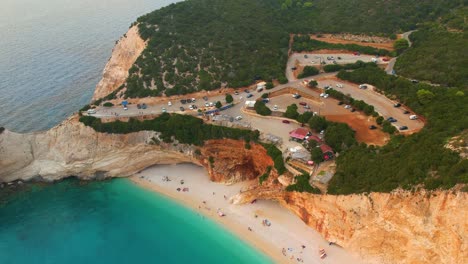 Aerial-View-Of-Car-Park-Overlooking-Porto-Katsiki-Beach-On-Lefkada-Island