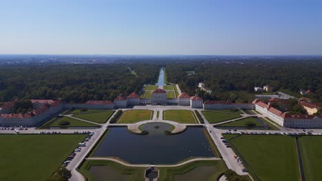 Smooth-aerial-top-view-flight-Castle-Nymphenburg-Palace-landscape-City-town-Munich-Germany-Bavarian,-summer-sunny-blue-sky-day-23