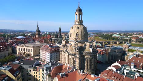 Spectacular-aerial-top-view-flight-Dresden-city-Women-church-Frauenkirche-City-town-Germany,-summer-sunny-blue-sky-day-23