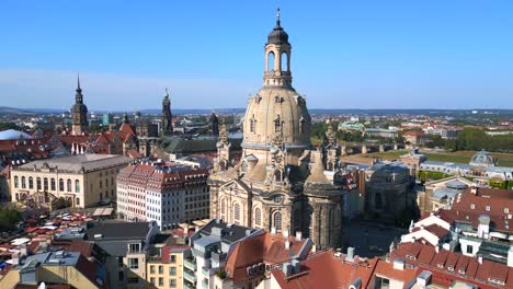 Stunning-aerial-top-view-flight-Dresden-city-Women-church-Frauenkirche-City-town-Germany,-summer-sunny-blue-sky-day-23