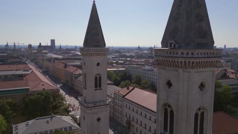 Great-aerial-top-view-flight-Church-St-Ludwig-City-town-Munich-Germany-Bavarian,-summer-sunny-blue-sky-day-23