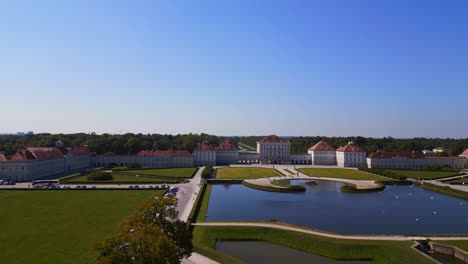 Fabulous-aerial-top-view-flight-Castle-Nymphenburg-Palace-landscape-City-town-Munich-Germany-Bavarian,-summer-sunny-blue-sky-day-23