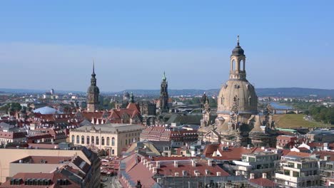 Marvelous-aerial-top-view-flight-Dresden-city-Women-church-Frauenkirche-City-town-Germany,-summer-sunny-blue-sky-day-23