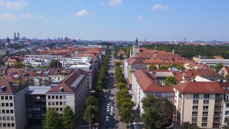 Smooth-aerial-top-view-flight-street-road-City-town-Munich-Germany-Bavarian,-summer-sunny-cloudy-sky-day-23