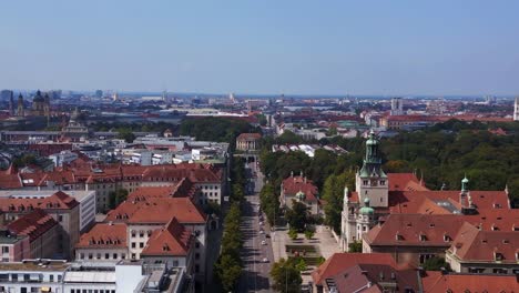 Unbelievable-aerial-top-view-flight-Gold-Angel-of-Peace-column-City-town-Munich-Germany-Bavarian,-summer-sunny-cloudy-sky-day-23