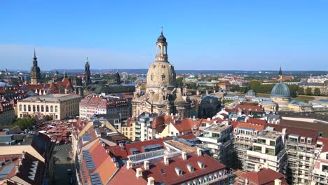 Majestic-aerial-top-view-flight-Dresden-city-Women-church-Frauenkirche-City-town-Germany,-summer-sunny-blue-sky-day-23