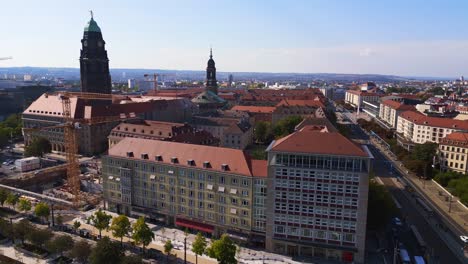 Beautiful-aerial-top-view-flight-Dresden-city-Women-church-Frauenkirche-City-town-Germany,-summer-sunny-blue-sky-day-23