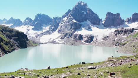Beautiful-view-of-a-lake-surrounded-by-the-peaky-Alps-mountains-and-glaciers-in-the-high-altitude-in-Himalayas
